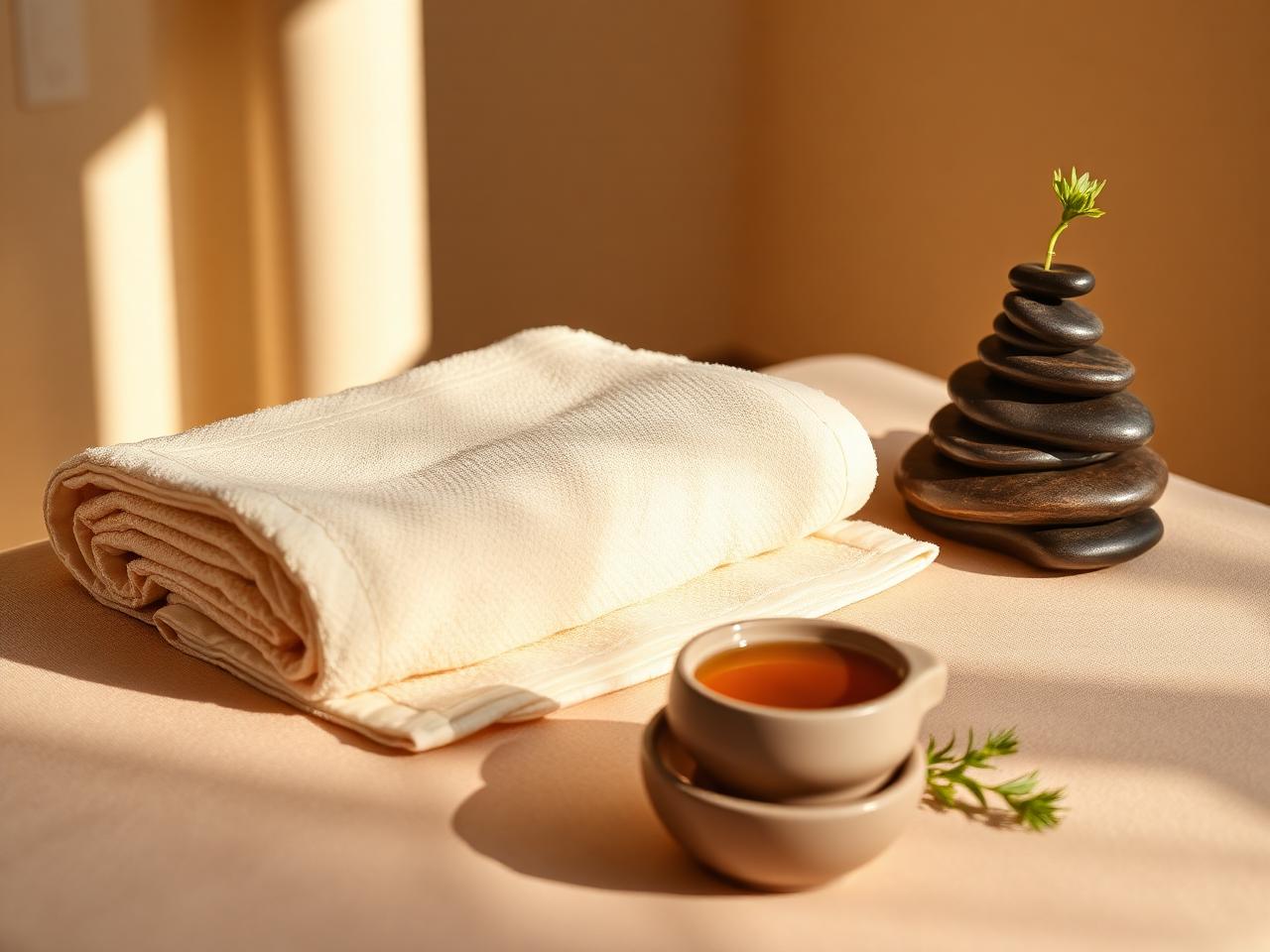 Folded cream recovery towel on a massage table with smooth stones, oil bowl and a fresh herb sprig in warm spa light.