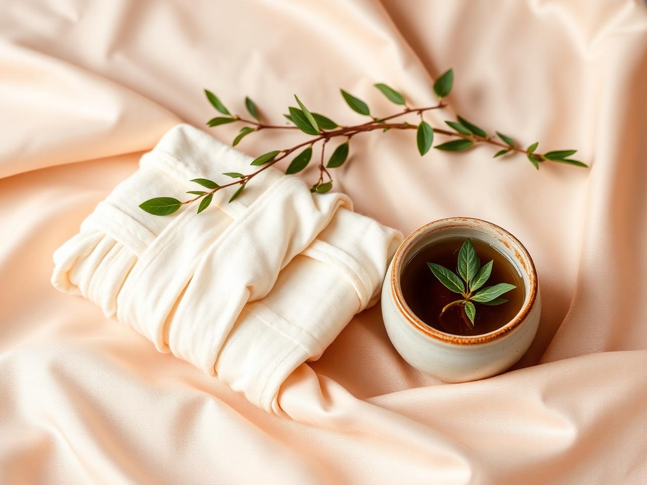 Folded cream cotton wrap bandages with fresh green botanical sprigs and a ceramic bowl of herbal infusion on champagne silk.