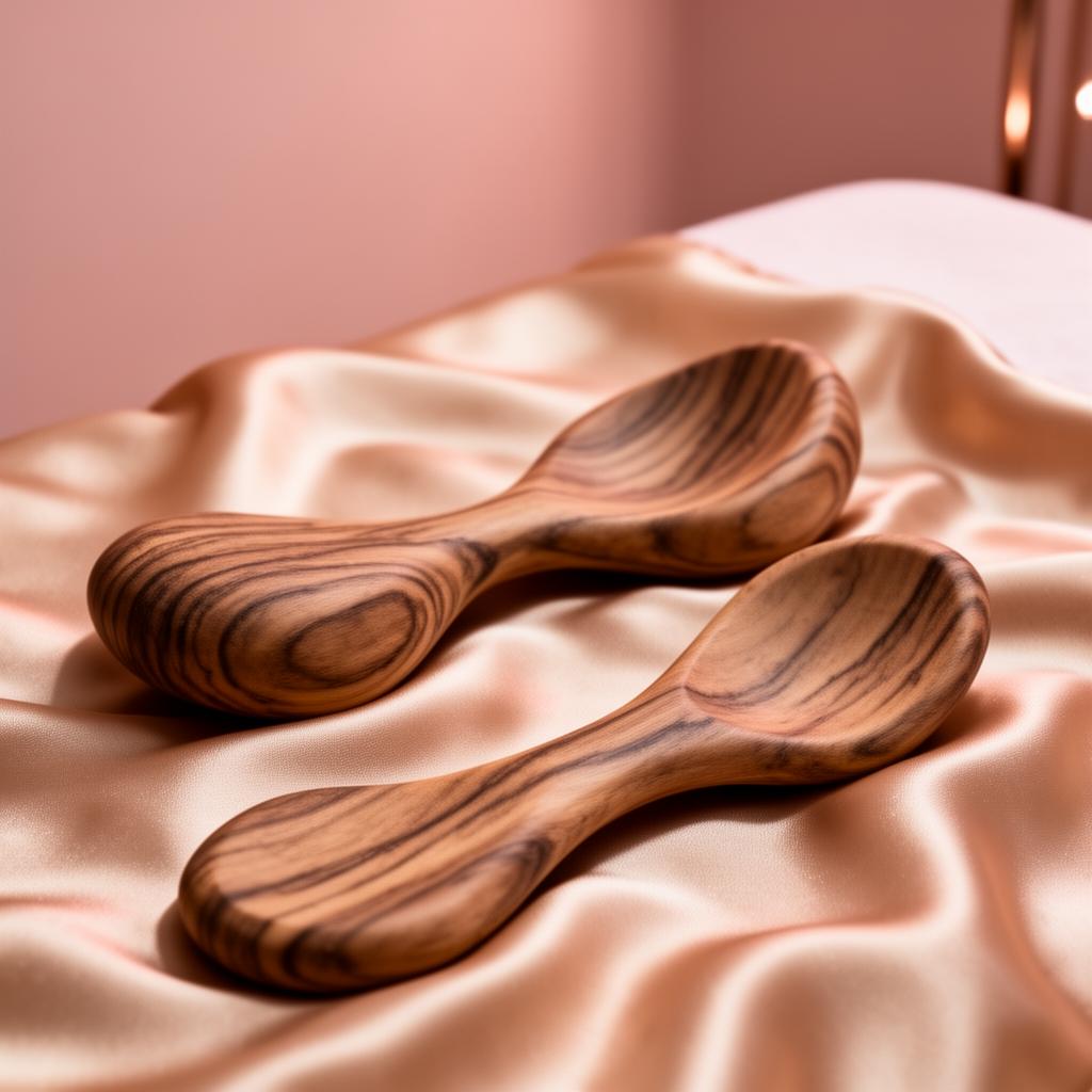 Contoured wooden sculpting tools on warm champagne silk, arranged for glute-focused bodywork add-on.