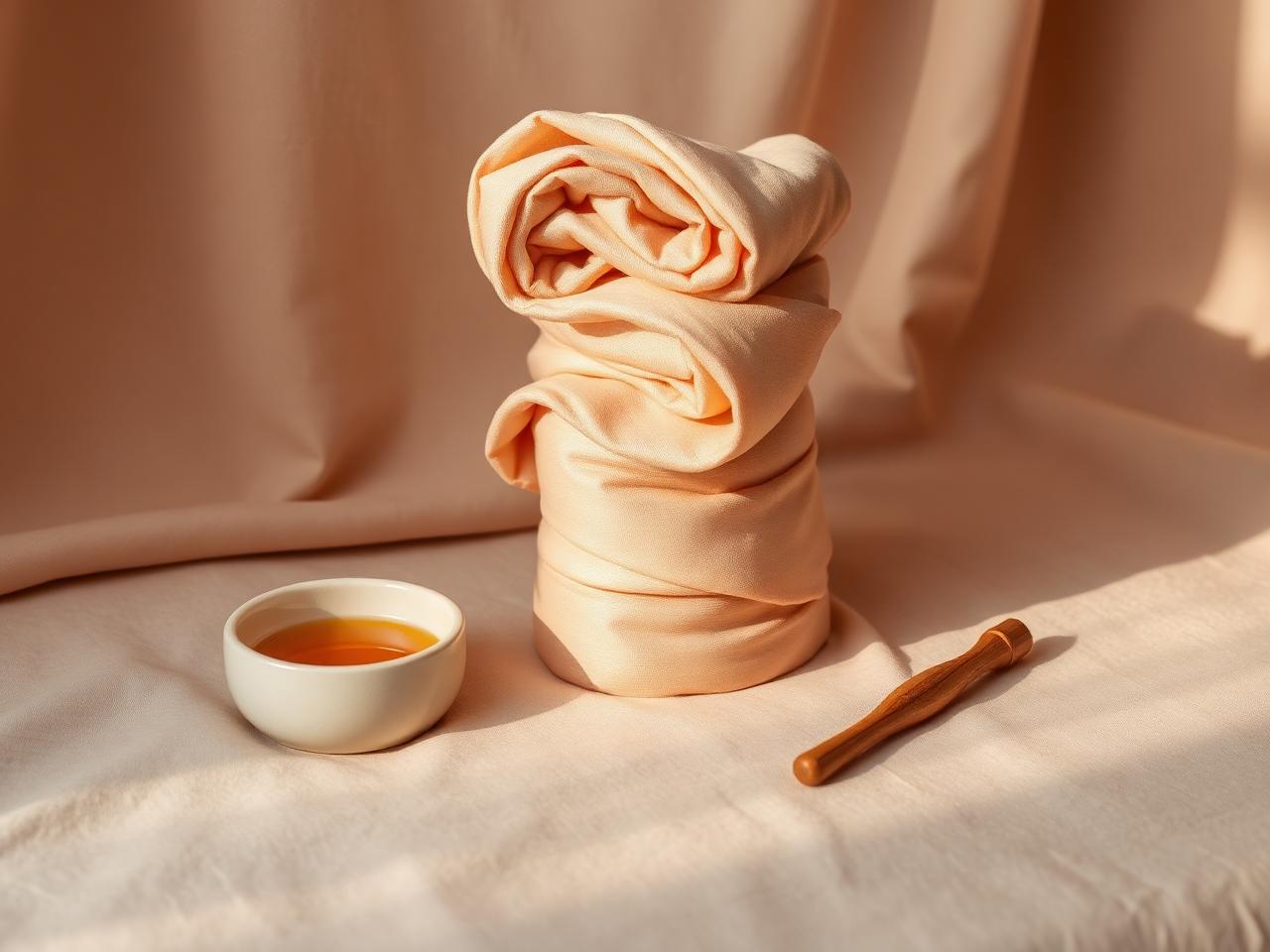 Elegant champagne silk wrap draped sculpturally with a small ceramic bowl of warm oil for a body-contouring add-on.