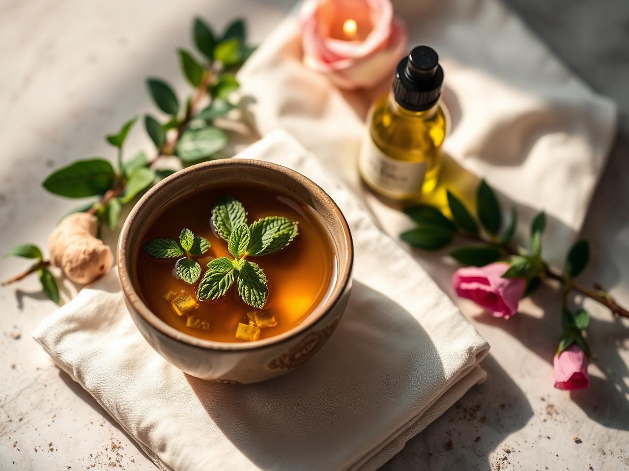Ceramic bowl of herbal mint infusion with botanical sprigs and a small bottle of body oil on cream linen.