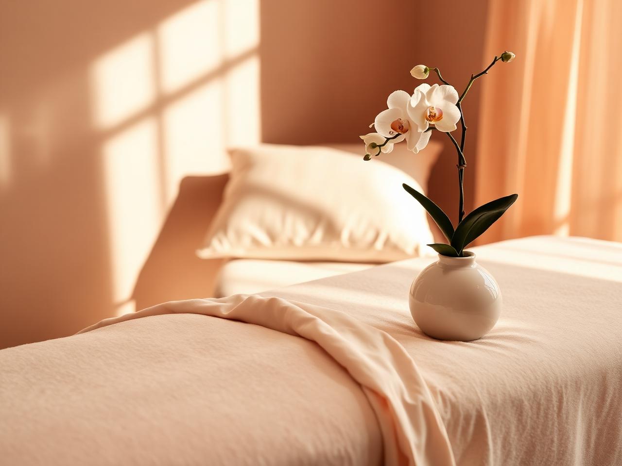 Peaceful spa treatment room with softly draped cream linens and a single white orchid in a ceramic vase.