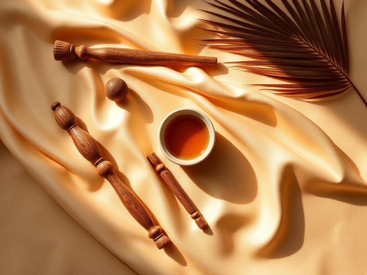 Hand-carved wood therapy sculpting tools resting on warm champagne silk fabric.